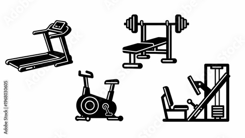 Gym Equipment Icons: Treadmill, Stationary Bike, Weight Bench, Leg Press