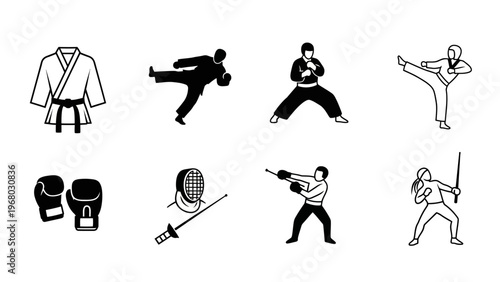 Martial Arts Icons: Karate Gi, Boxing Gloves, Fencing, Taekwondo, Kung Fu, Sword Fighting
