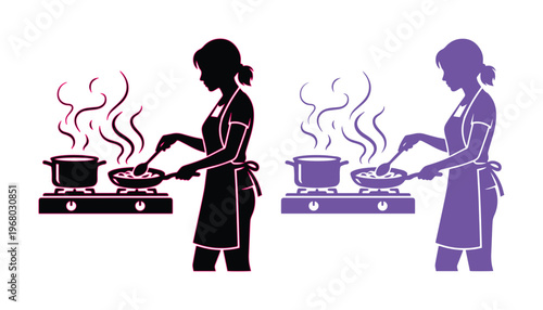 Woman cooking silhouette vector, female chef preparing food at kitchen stove, housewife in apron with frying pan and steaming pot