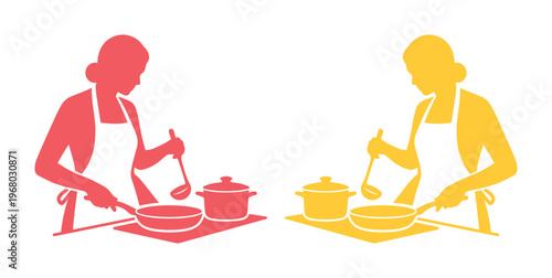 Minimalist cooking silhouettes of women in aprons, female chef preparing food with frying pan and pot, kitchen culinary vector icons