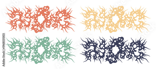 Slam death metal logo set with organic biohazard shapes, y2k aesthetic brutalist typography elements, dark underground music vector graphics