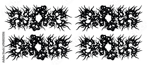 Death metal logo elements, dark brutalism aesthetic vector set, 4 black metal graphic shapes, underground extreme music style illustrations