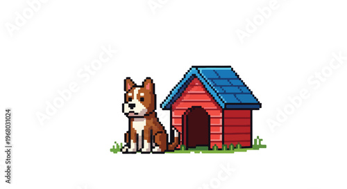 A charming pixel art illustration of a brown and white dog sitting beside its red and blue doghouse on a small patch of green grass.
