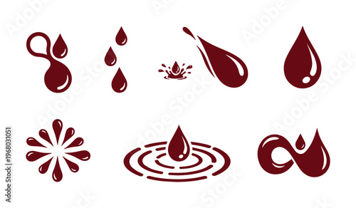 Red blood drop icons set, medical liquid droplets and splash vector elements, dark red fluid splashes and ripple symbols for healthcare design