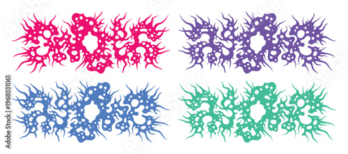 Y2K cybercore aesthetic vector shapes, abstract chrome metal liquid elements in pink and purple, futuristic streetwear graphic design set