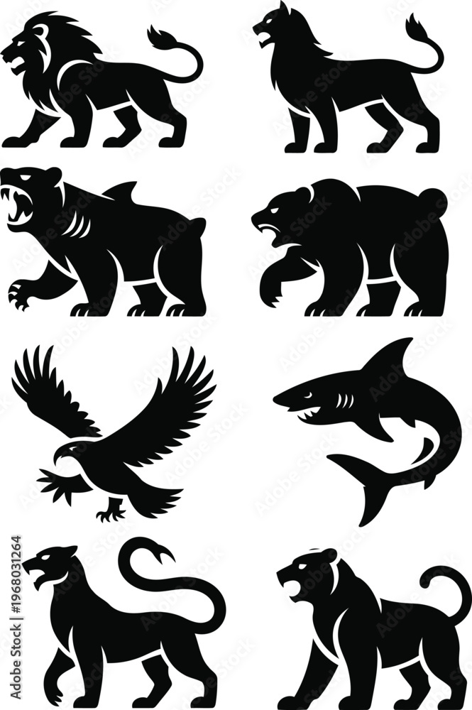 Obraz premium 8 Animals Icon Bundle Vector | Cute Animal Set Black White Minimal Icons Isolated Design Pack
