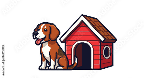 A charming vector artwork depicting a friendly beagle sitting calmly beside a traditional red wooden doghouse with a brown tiled roof.