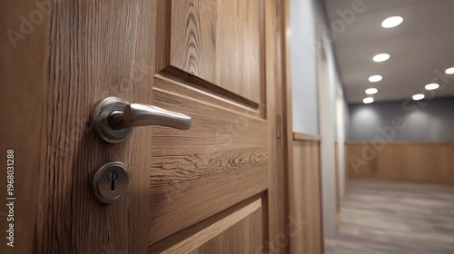 Close up of a modern wooden door handle and keyhole leading into a well lit hallway