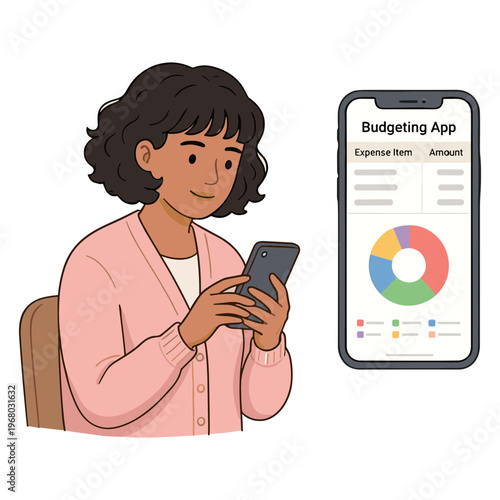 Woman uses phone to track expenses on budgeting app at home