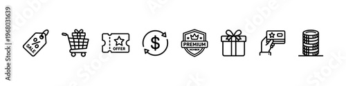 A set of minimalist line icons for retail marketing, customer loyalty programs, and financial shopping incentives.