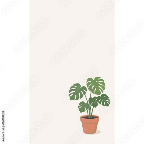 An illustration of a potted Monstera deliciosa plant on a neutral background