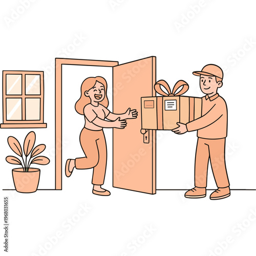 Delivery man handing a gift box to a woman opening the door at home