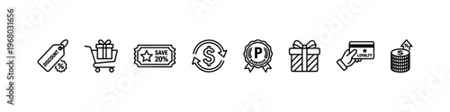 A set of minimalist line icons for retail marketing, customer loyalty programs, and financial shopping incentives.