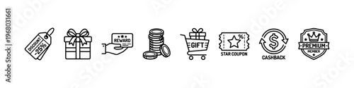 A set of minimalist line icons for retail marketing, customer loyalty programs, and financial shopping incentives.