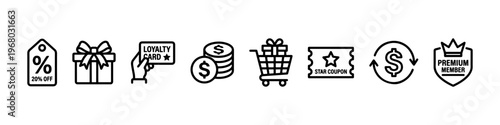 A set of minimalist line icons for retail marketing, customer loyalty programs, and financial shopping incentives.