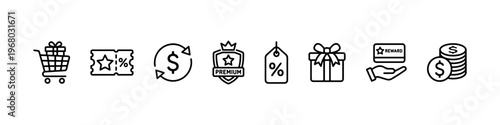 A set of minimalist line icons for retail marketing, customer loyalty programs, and financial shopping incentives.