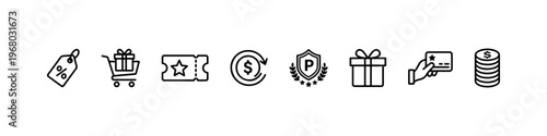 A set of minimalist line icons for retail marketing, customer loyalty programs, and financial shopping incentives.