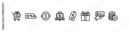 A set of minimalist line icons for retail marketing, customer loyalty programs, and financial shopping incentives.