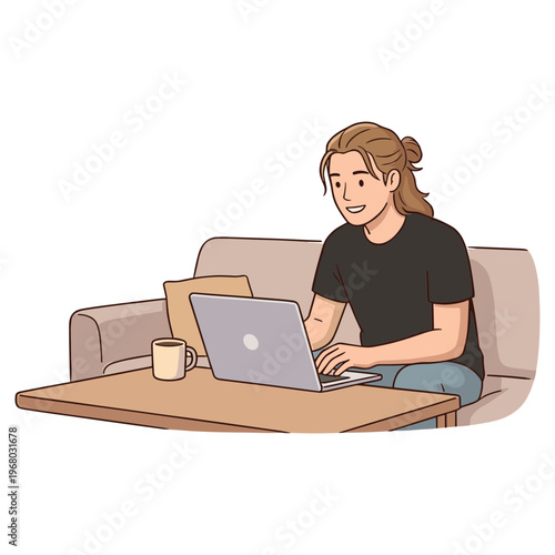 A person sits on couch typing on laptop at wooden table indoors