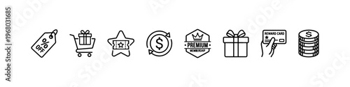 A set of minimalist line icons for retail marketing, customer loyalty programs, and financial shopping incentives.