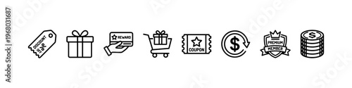A set of minimalist line icons for retail marketing, customer loyalty programs, and financial shopping incentives.