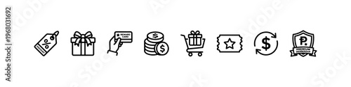 A set of minimalist line icons for retail marketing, customer loyalty programs, and financial shopping incentives.