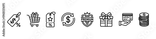 A set of minimalist line icons for retail marketing, customer loyalty programs, and financial shopping incentives.