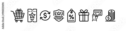 A set of minimalist line icons for retail marketing, customer loyalty programs, and financial shopping incentives.