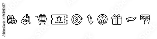 A set of minimalist line icons for retail marketing, customer loyalty programs, and financial shopping incentives.