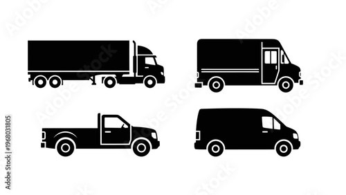 Set of Black Icons: Truck, Delivery Van, Pickup Truck, Cargo Van