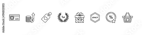 A set of thin line icons for retail marketing and customer loyalty programs, featuring gift boxes, reward cards, discount labels, and shopping incentives.