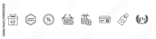 A set of thin line icons for retail marketing and customer loyalty programs, featuring gift boxes, reward cards, discount labels, and shopping incentives.