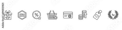 A set of thin line icons for retail marketing and customer loyalty programs, featuring gift boxes, reward cards, discount labels, and shopping incentives.