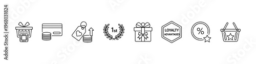 A set of thin line icons for retail marketing and customer loyalty programs, featuring gift boxes, reward cards, discount labels, and shopping incentives.
