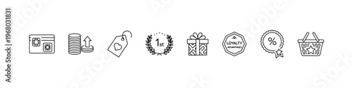 A set of thin line icons for retail marketing and customer loyalty programs, featuring gift boxes, reward cards, discount labels, and shopping incentives.