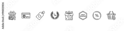A set of thin line icons for retail marketing and customer loyalty programs, featuring gift boxes, reward cards, discount labels, and shopping incentives.