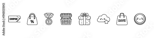A set of cute and minimalist line icons for shopping rewards and customer loyalty programs, featuring a coupon, medal, treasure chest, gift box, and savings bag.