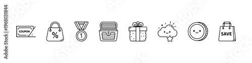 A set of cute and minimalist line icons for shopping rewards and customer loyalty programs, featuring a coupon, medal, treasure chest, gift box, and savings bag.