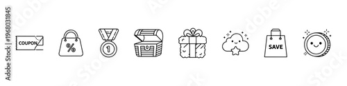 A set of cute and minimalist line icons for shopping rewards and customer loyalty programs, featuring a coupon, medal, treasure chest, gift box, and savings bag.