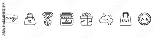 A set of cute and minimalist line icons for shopping rewards and customer loyalty programs, featuring a coupon, medal, treasure chest, gift box, and savings bag.