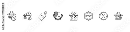 A set of thin line icons for retail marketing and customer loyalty programs, featuring gift boxes, reward cards, discount labels, and shopping incentives.