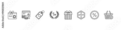 A set of thin line icons for retail marketing and customer loyalty programs, featuring gift boxes, reward cards, discount labels, and shopping incentives.