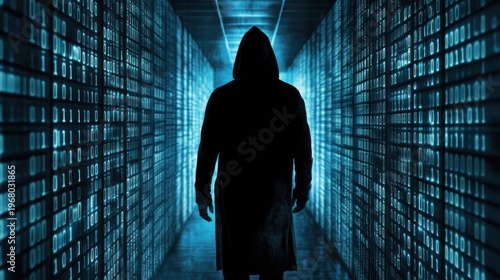 Silhouette of hooded figure walking through server room filled with binary code