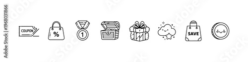 A set of cute and minimalist line icons for shopping rewards and customer loyalty programs, featuring a coupon, medal, treasure chest, gift box, and savings bag.