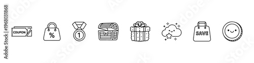 A set of cute and minimalist line icons for shopping rewards and customer loyalty programs, featuring a coupon, medal, treasure chest, gift box, and savings bag.