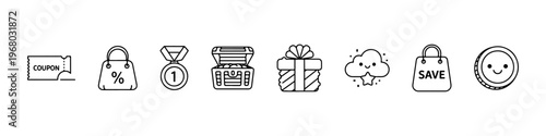 A set of cute and minimalist line icons for shopping rewards and customer loyalty programs, featuring a coupon, medal, treasure chest, gift box, and savings bag.