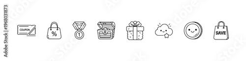 A set of cute and minimalist line icons for shopping rewards and customer loyalty programs, featuring a coupon, medal, treasure chest, gift box, and savings bag.