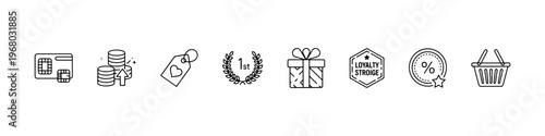 A set of thin line icons for retail marketing and customer loyalty programs, featuring gift boxes, reward cards, discount labels, and shopping incentives.
