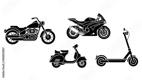 Set of black silhouette icons: motorcycle, scooter, electric scooter, and chopper