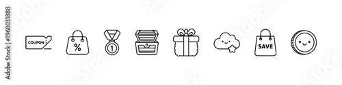 A set of cute and minimalist line icons for shopping rewards and customer loyalty programs, featuring a coupon, medal, treasure chest, gift box, and savings bag.